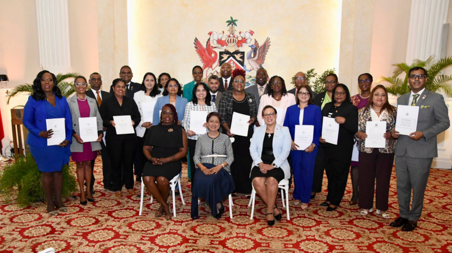 Prime Minister Kamla Persad-Bissessar, SC, MP, pictured with the newly appointed Permanent Secretaries and the Chief Administrator of the Tobago House of Assembly